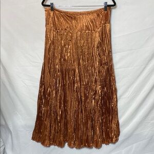 Rich Copper Satin Pleated Crushed Crinkle Metallic Maxi Skirt by Rhonda Stark, L